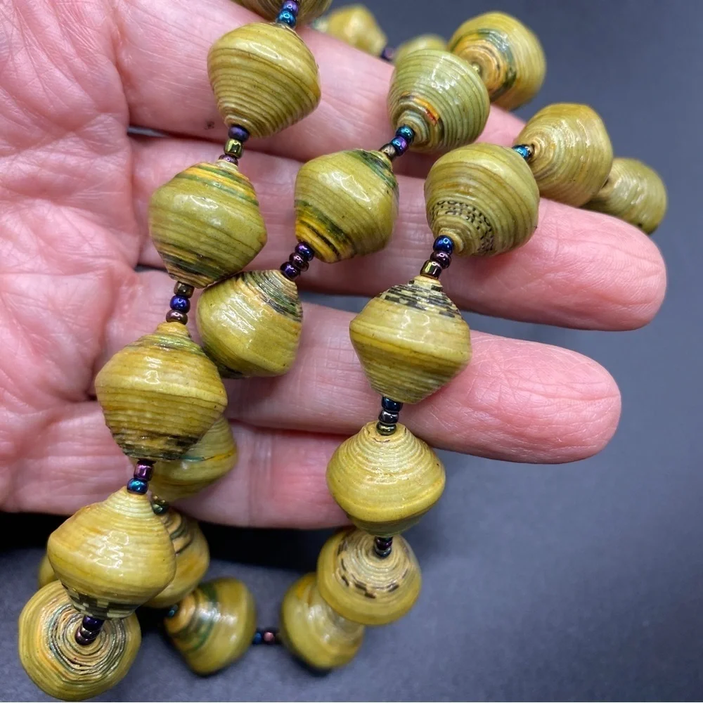 Kitchy Paper Beads Necklace Green With Seed Beads Artisan Made